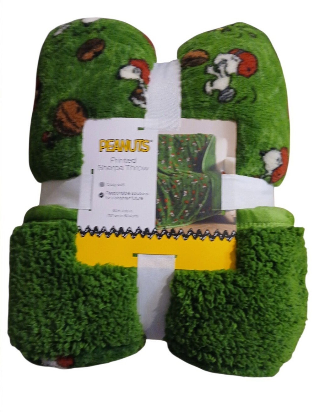 Peanuts - Official Snoopy Playing Football on Green Sherpa Throw, 50 X 60 in.
